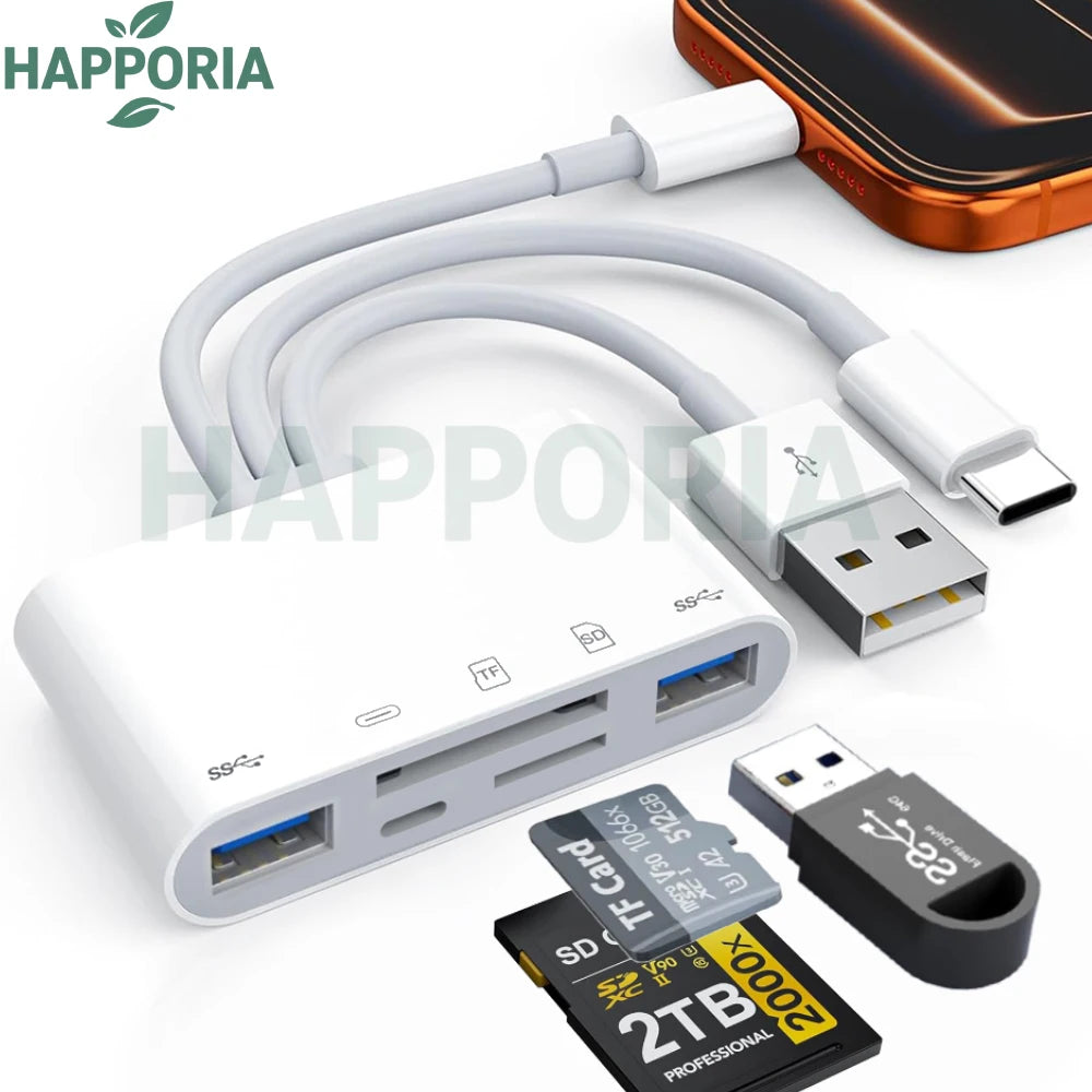 Adaptador universal USB-C a tarjeta SD blanco con cable y varias tarjetas SD