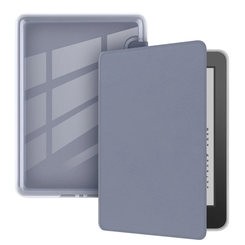 A gray silicone protective cover for a Kindle e-reader, shown with the clear case and the solid cover.