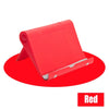 A red flexible multi-angle tablet and phone desk stand shown on a red surface.