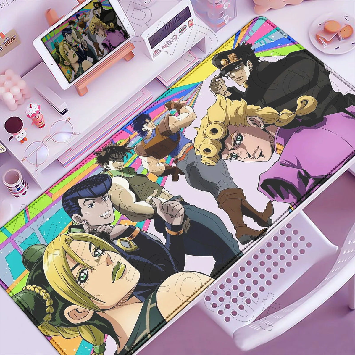 Anime-inspired XXL gaming mouse pad featuring characters from a series with a colorful design