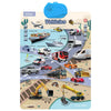 An interactive alphabet wall chart featuring various vehicles like ships, cars, trucks, and airplanes for preschool learning.