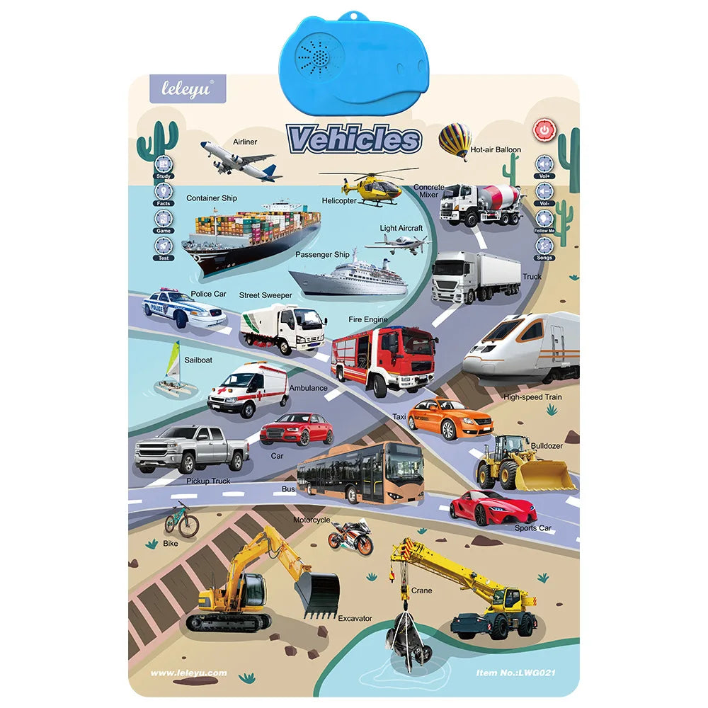 An interactive alphabet wall chart featuring various vehicles like ships, cars, trucks, and airplanes for preschool learning.