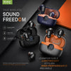 A set of orange and dark blue HTC true wireless earbuds displayed on a black surface.