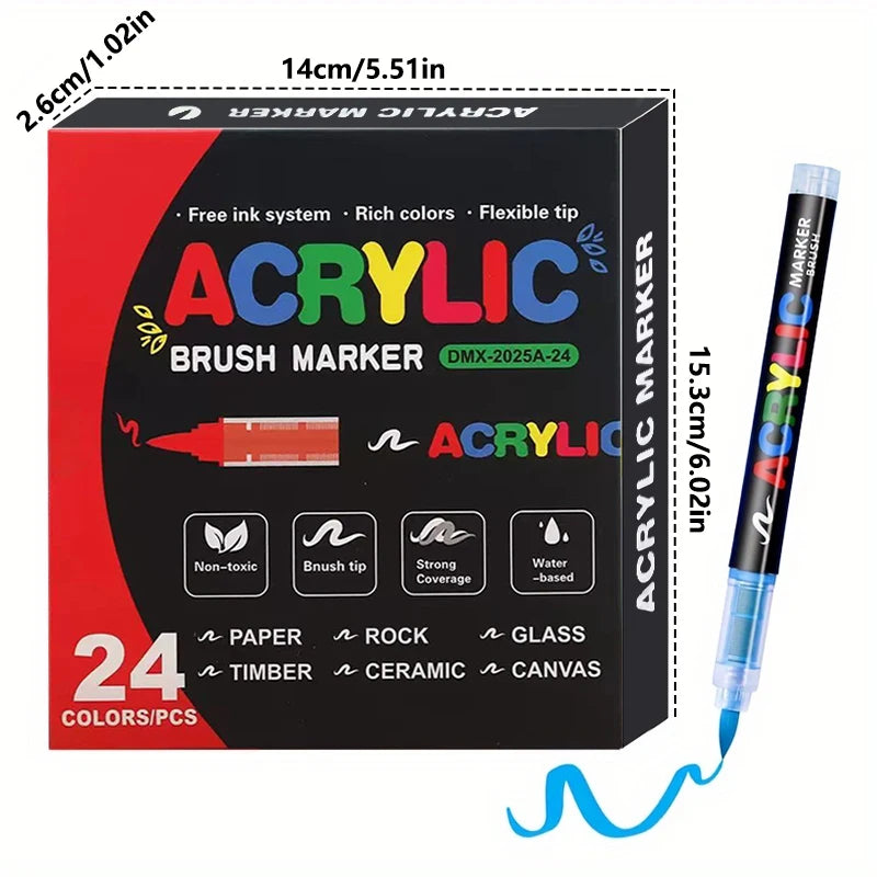 A box of 24 color acrylic brush markers with various tips and ink systems shown next to a marker pen.