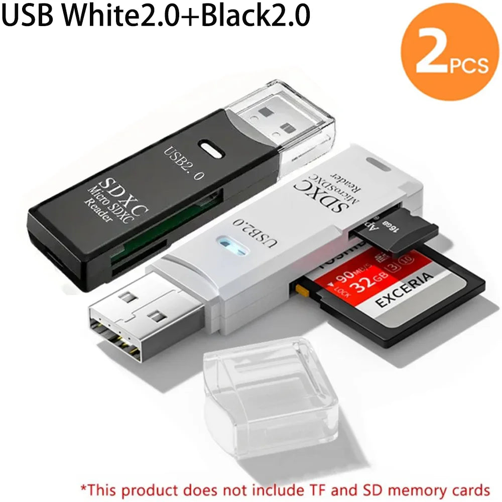 A set of two USB White 2.0 and Black 2.0 card readers shown with an SDXC reader and a memory card.