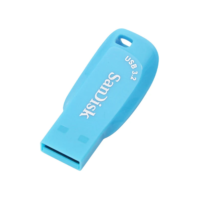 A light blue SanDisk USB 3.2 flash drive is shown from above.