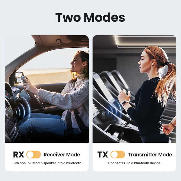Two modes of operation shown: Receiver Mode connecting a speaker to a Bluetooth device and Transmitter Mode connecting a PC t
