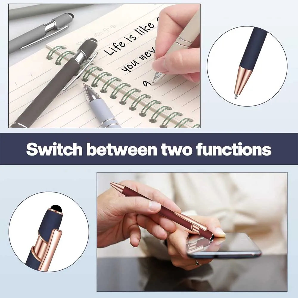 A metal 2-in-1 stylus pen is shown switching between two functions, including a ballpoint ink tip and a stylus tip.