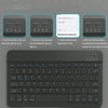 A black wireless Bluetooth keyboard case for a tablet, showing connection steps and the keyboard itself.