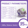 A close-up view of a purple linear mechanical keyboard switch with technical parameters listed.
