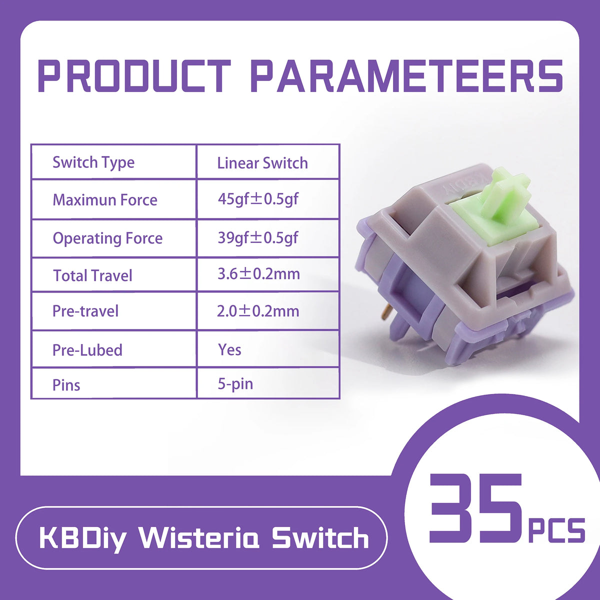A close-up view of a purple linear mechanical keyboard switch with technical parameters listed.