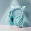 Light blue gradient RGB cat ear Bluetooth headphones displayed on a white stand.
