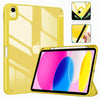 A yellow hybrid protective case for an iPad, shown with a screen and a pencil holder.