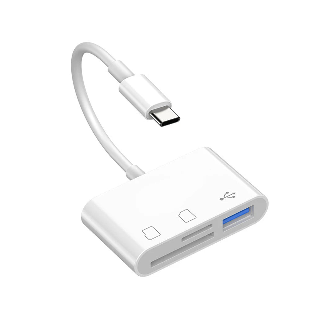 A white USB-C 3-in-1 adapter with an SD/TF card reader and a detachable cable.