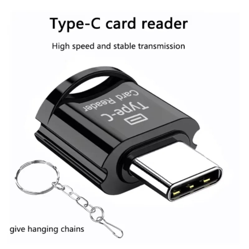Black Type-C card reader with a detachable connector and hanging chains