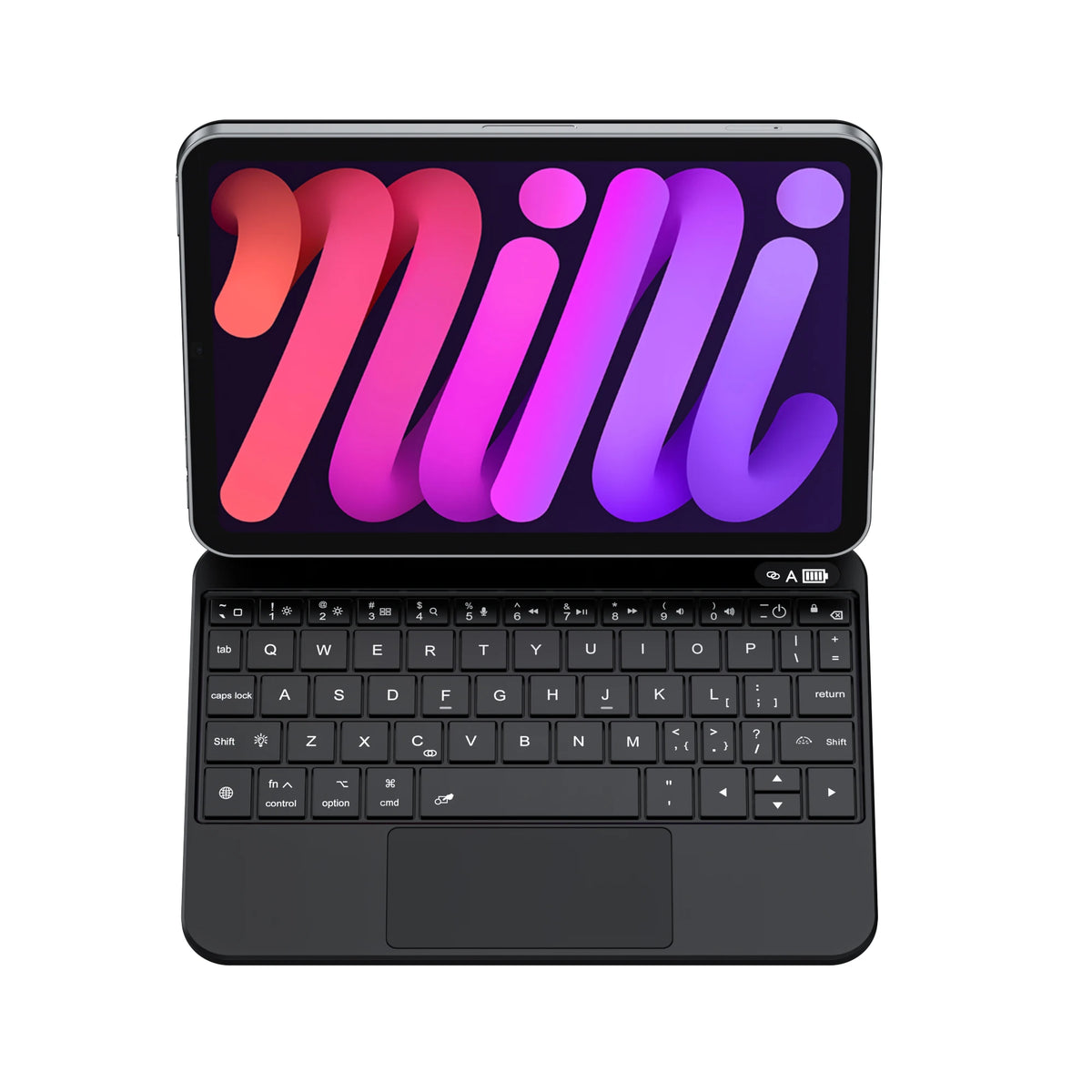 Estuche de teclado mágico con iluminación púrpura y rosa para iPad Mini.
