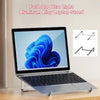 Foldable aluminum laptop stand shown supporting a laptop, featuring a foldable design and non-slip grip.