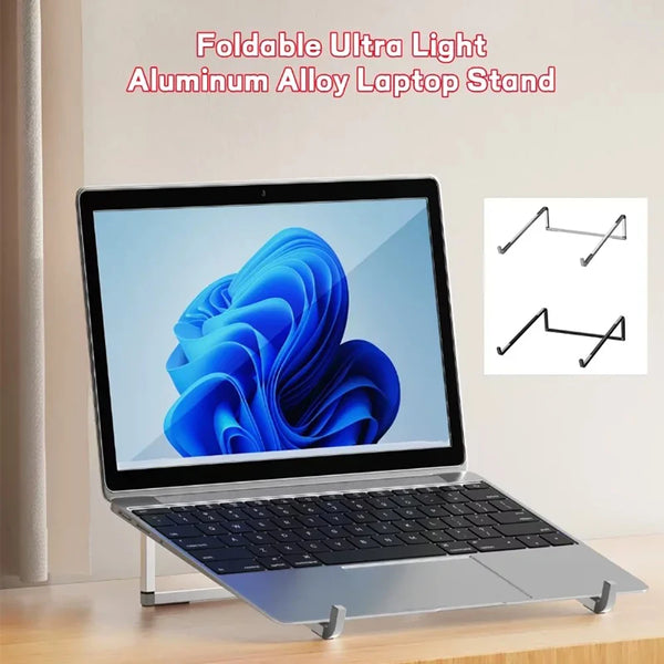 Foldable aluminum laptop stand shown supporting a laptop, featuring a foldable design and non-slip grip.