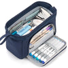 A navy blue canvas double-deck pencil case filled with various pens, pencils, and markers.