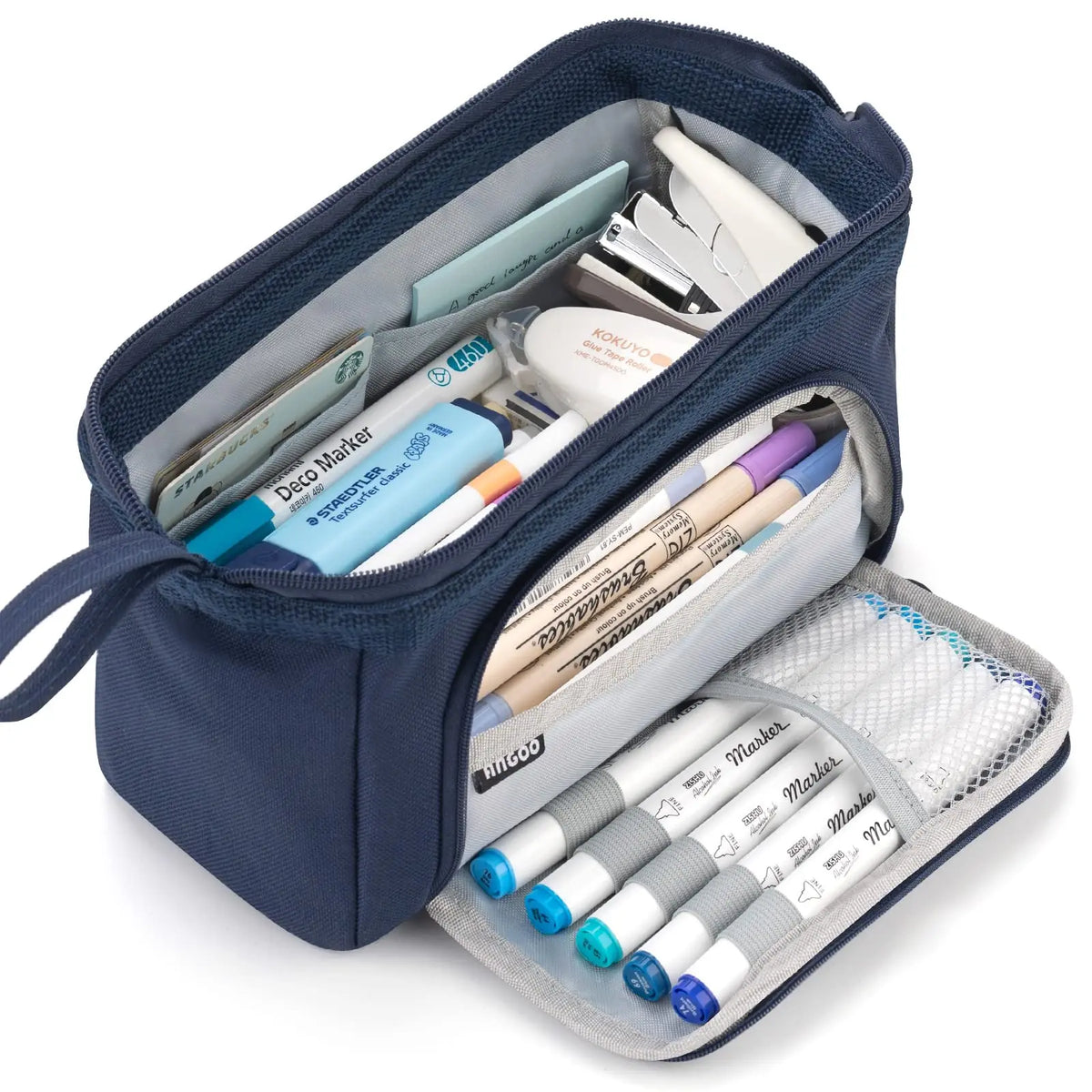 A navy blue canvas double-deck pencil case filled with various pens, pencils, and markers.
