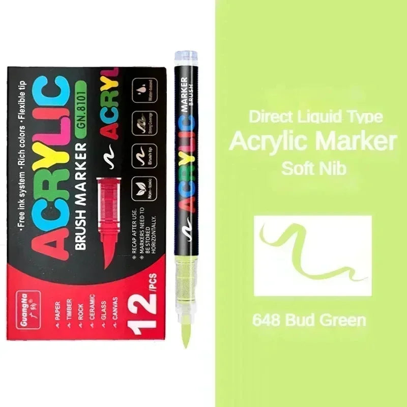 A set of 12 acrylic brush markers in bud green color with a soft nib and marker box.