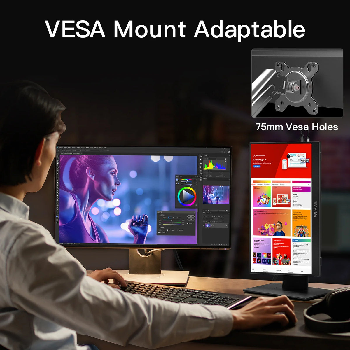 A person is using a VESA mountable portable laptop monitor on a desk.