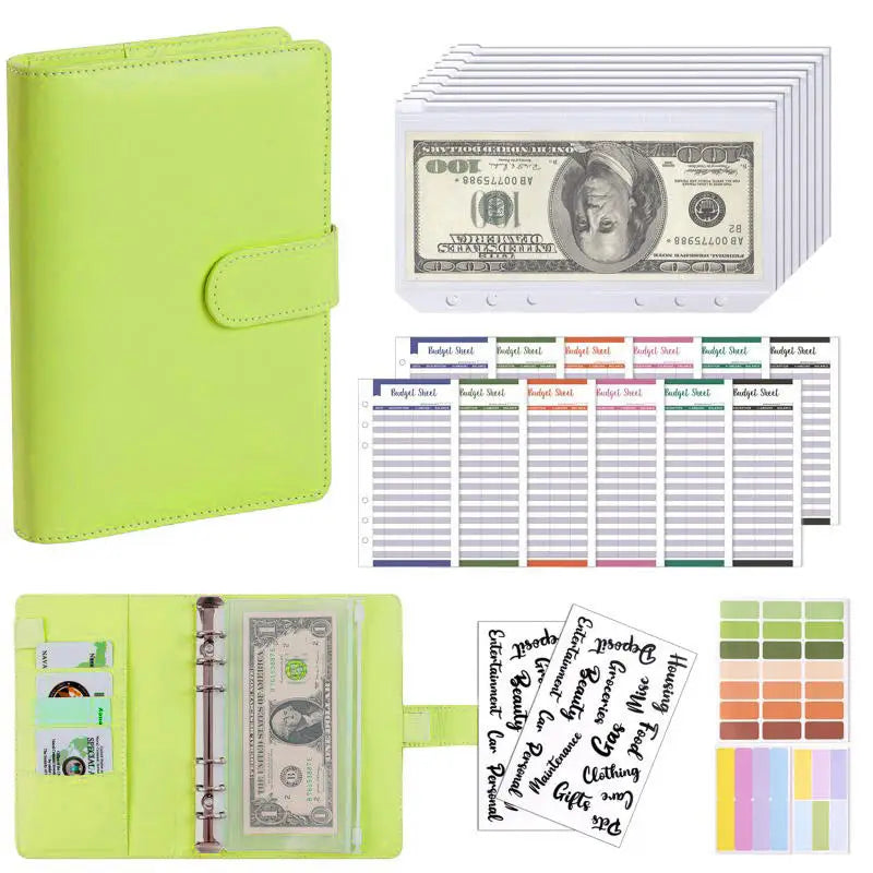 A lime green PU leather budget binder with cash envelopes and a handwritten list.