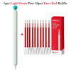A set of 1 light green pen and 10 red Kaco ink refills displayed next to a red box.