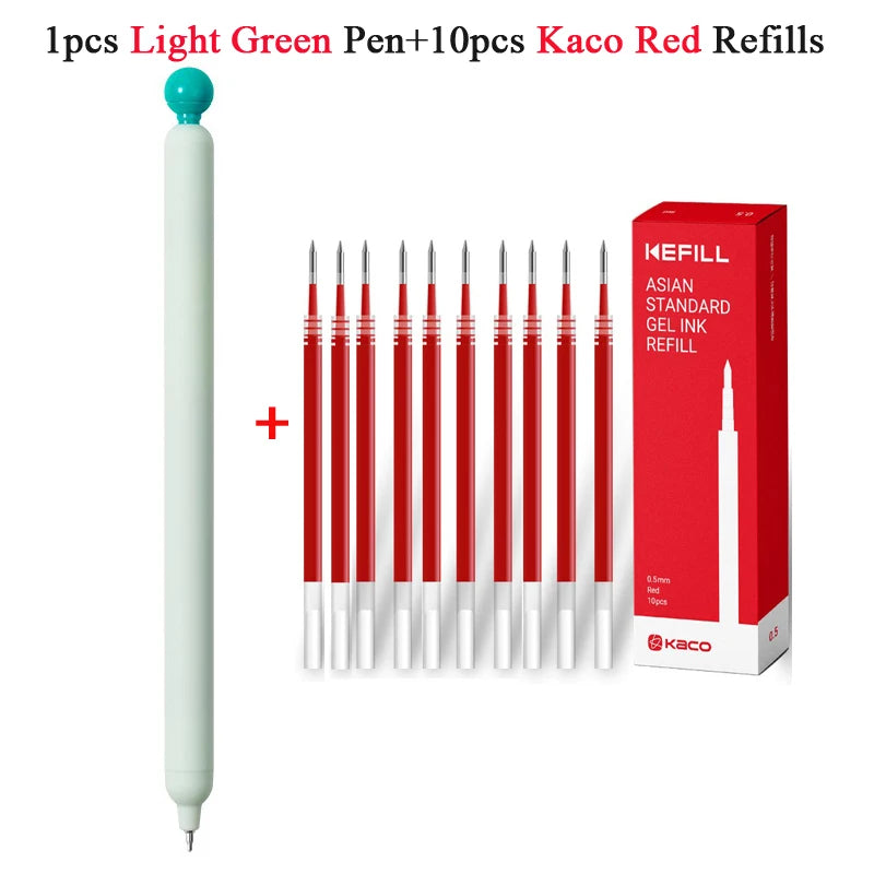 A set of 1 light green pen and 10 red Kaco ink refills displayed next to a red box.