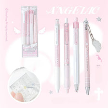 A set of four pink Kawaii Pearl Angel gel pens with black ink and a charm