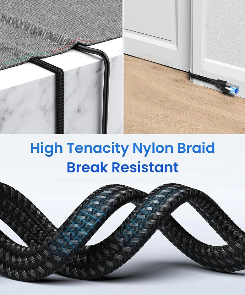 Close-up of a black nylon braided Ethernet cable with gold-plated RJ45 connectors