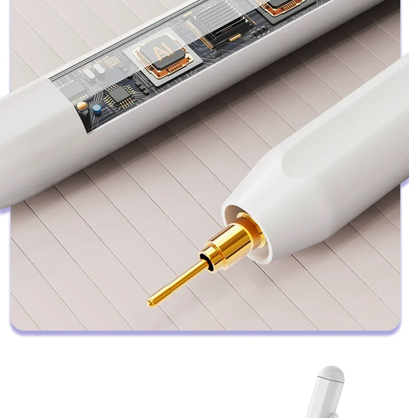 A white universal stylus pen is shown next to a disassembled electronic component for tablet and smartphone use.
