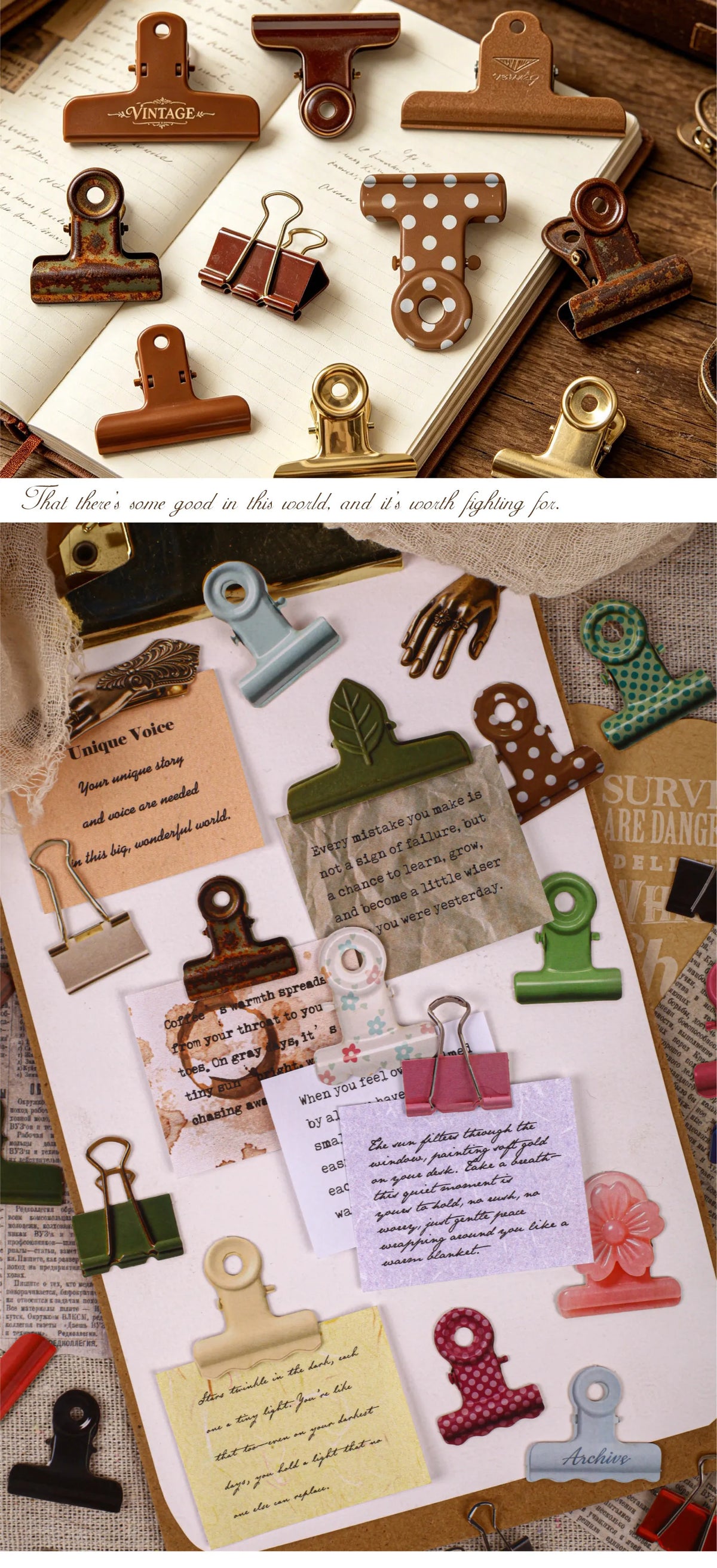 A collection of vintage clip themed stickers for journaling and scrapbooking on a light-colored paper.