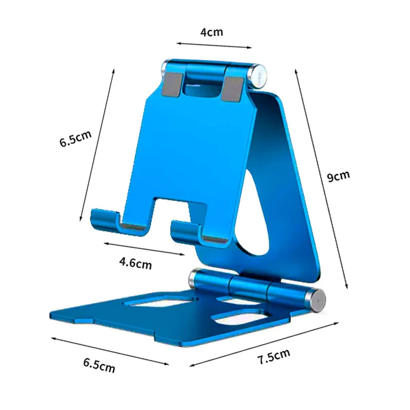 Support de téléphone portable en métal bleu, portable, avec bras ajustables et base plate.
