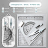 An 8-piece compass set in blue and black featuring storage box, eraser, rulers, and lead cores.