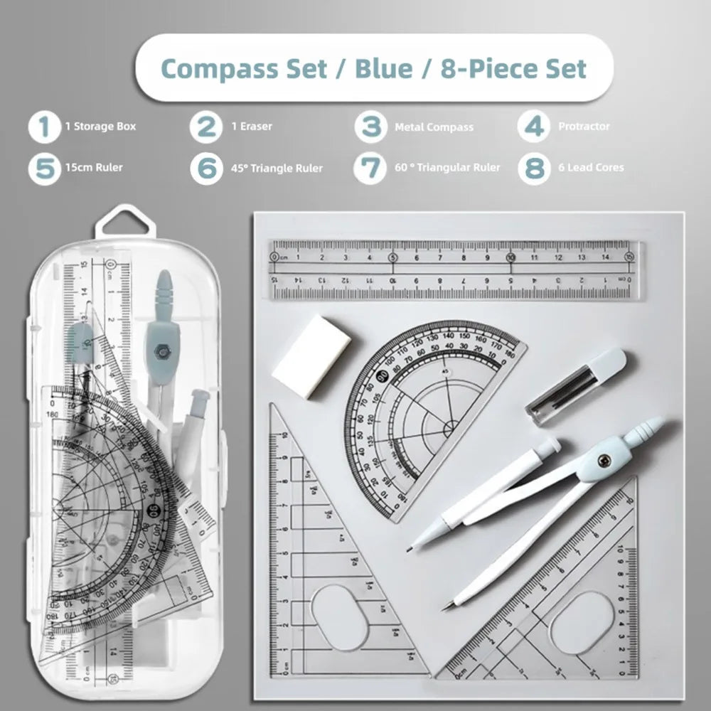 An 8-piece compass set in blue and black featuring storage box, eraser, rulers, and lead cores.