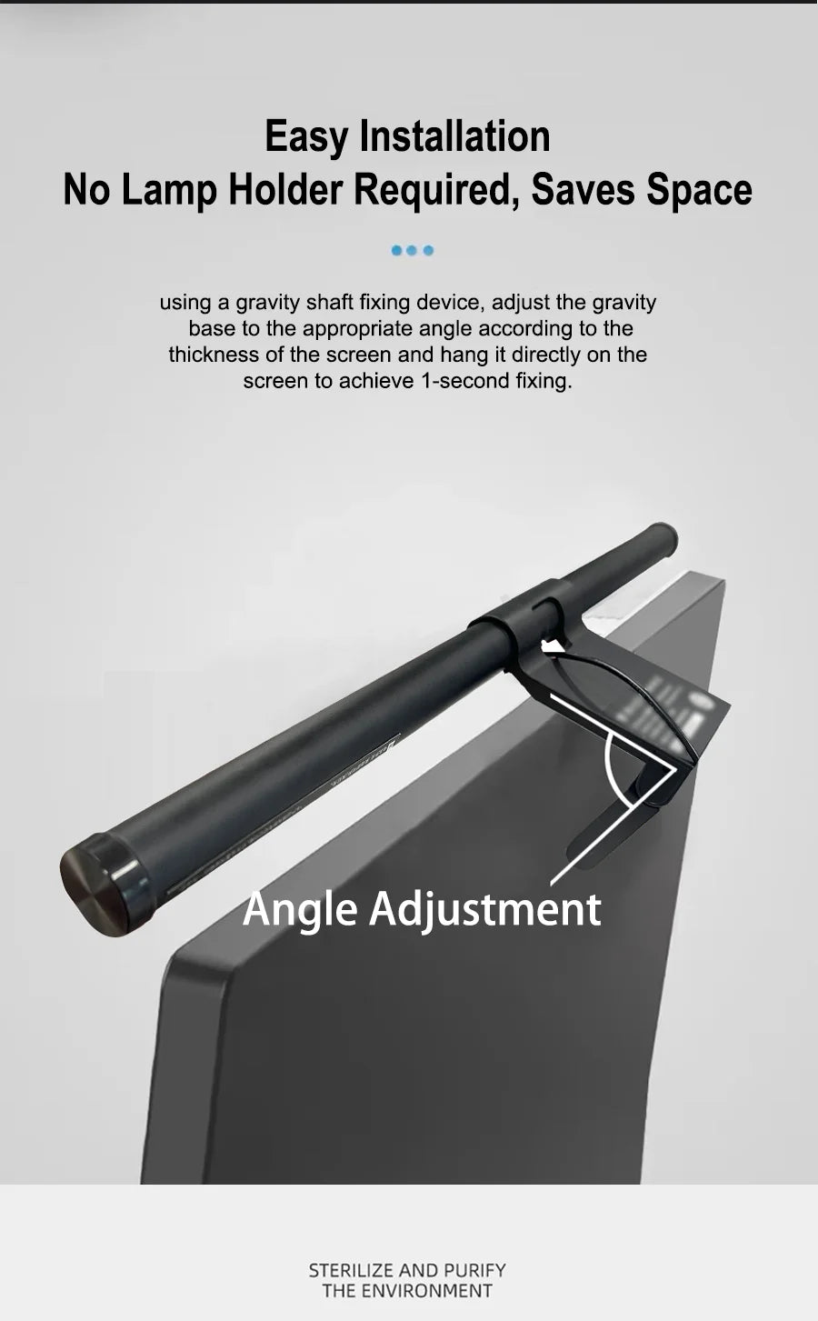 A black LED monitor light bar is shown with an angle adjustment mechanism, designed for easy installation.