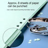 A hand-held metal puncher is shown next to sheets of green paper, demonstrating how it can be used for punching.
