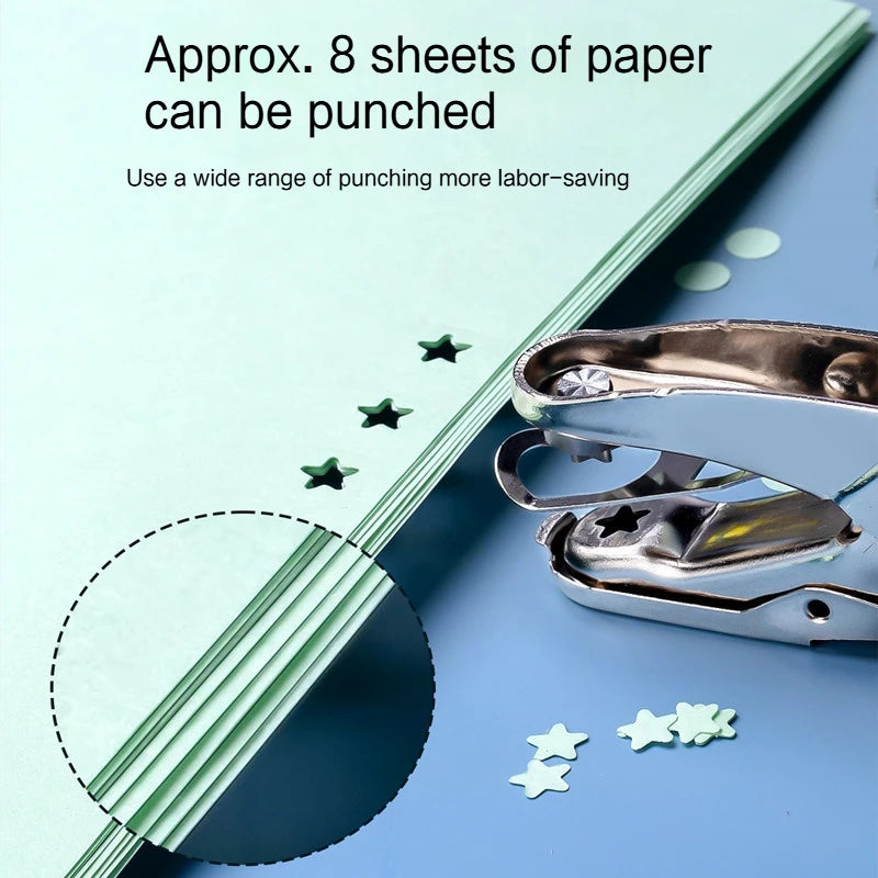 A hand-held metal puncher is shown next to sheets of green paper, demonstrating how it can be used for punching.