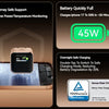 A product image showing a portable charger with features like safe support, fast battery charging (45W), and overnight safe c