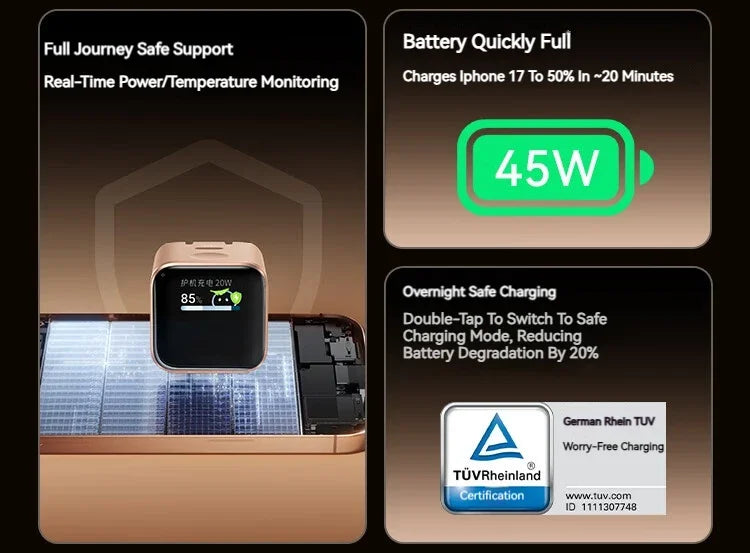 A product image showing a portable charger with features like safe support, fast battery charging (45W), and overnight safe c