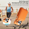 Orange anti-drop and shockproof phone case with wallet and card slots shown on a cracked surface.