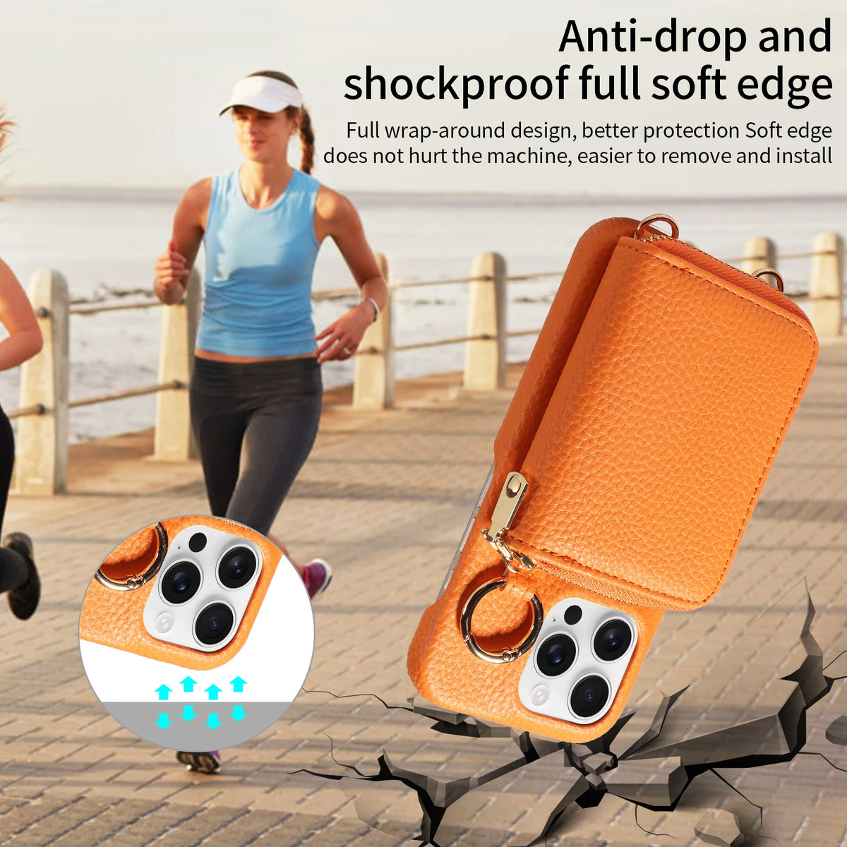 Orange anti-drop and shockproof phone case with wallet and card slots shown on a cracked surface.