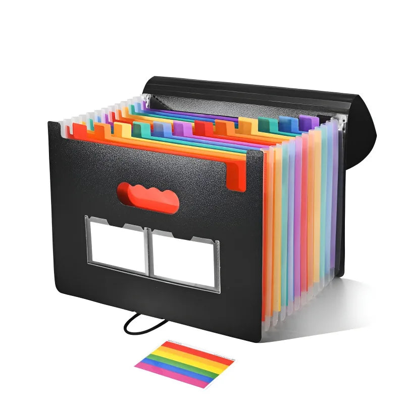 Organizador de carpetas plegable negro con carpetas de plástico coloridas.