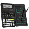 A black scientific calculator with a built-in notepad displaying mathematical equations and functions.