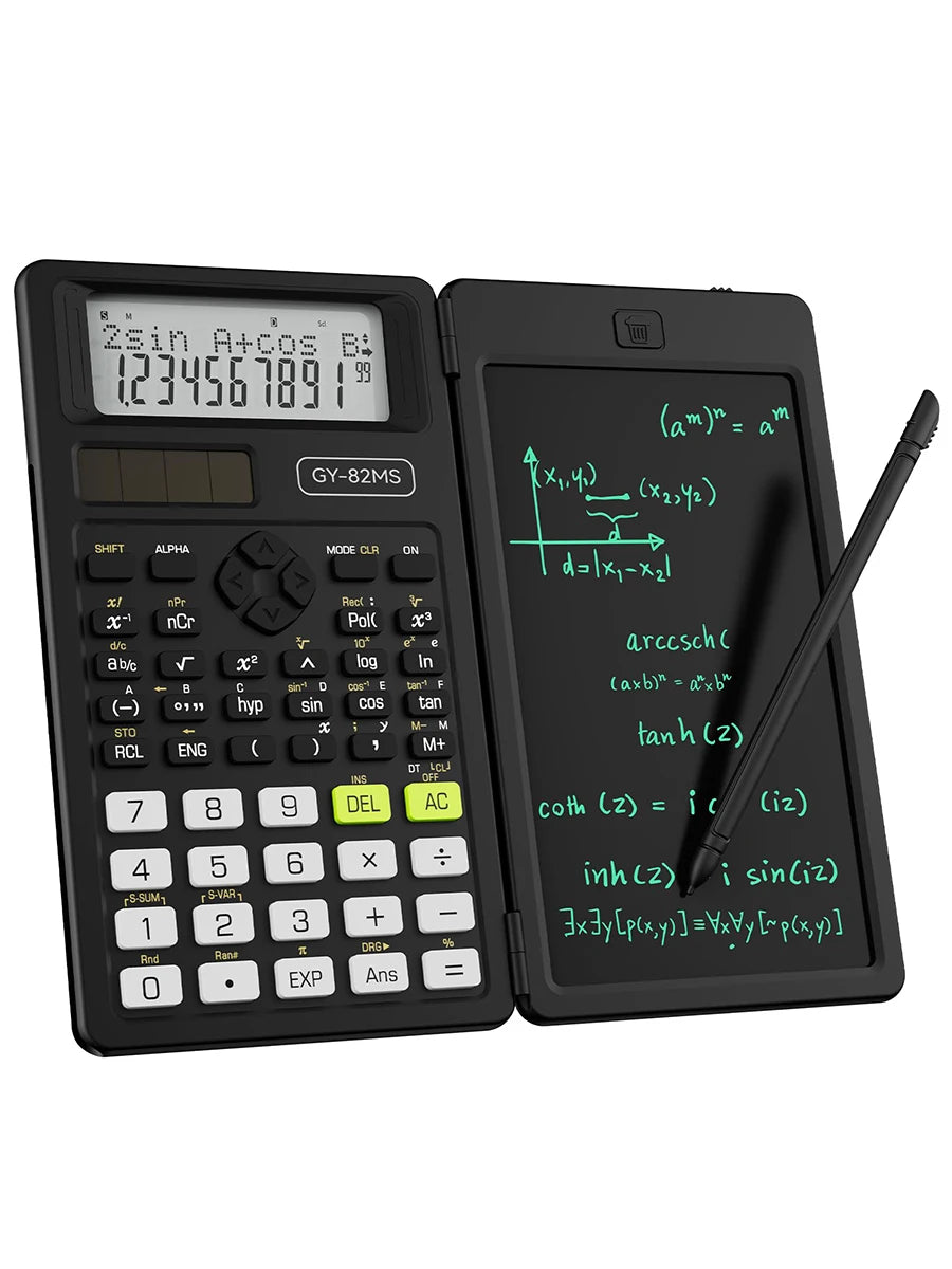 A black scientific calculator with a built-in notepad displaying mathematical equations and functions.