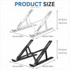 Adjustable foldable laptop cooling stand shown in silver and black with various size options.