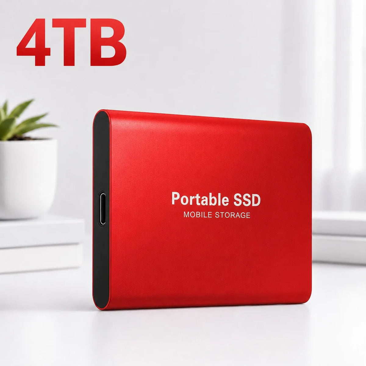 Rote tragbare SSD mit schwarzem Rand auf weißem Untergrund, neben einem Text, der 4TB Speicher angibt.