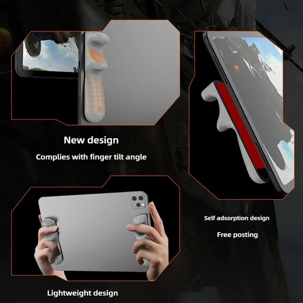 A multi-finger silicone gaming grip for a tablet showing new design features like finger tilt angle and self-adsorption for f