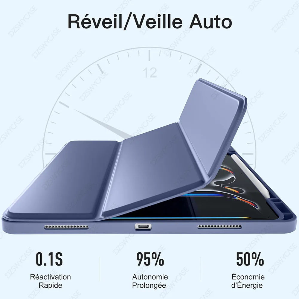 A light purple silicone protective case and stand for an iPad Pro showing features like quick reactivation, extended autonomy